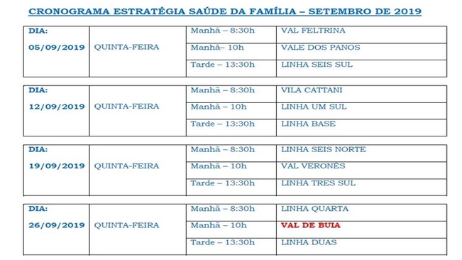 Cronograma Estratégia Saúde da Família Mês de Setembro