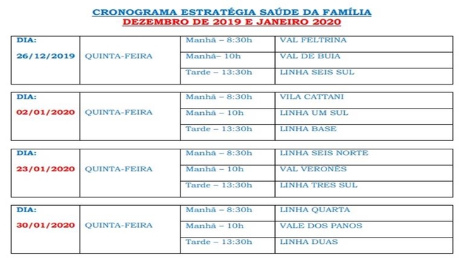 Cronograma Estratégia Saúde da Família - Dezembro/2019 a Janeiro/2020