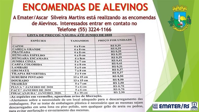Encomendas de Alevinos - EMATER Silveira Martins